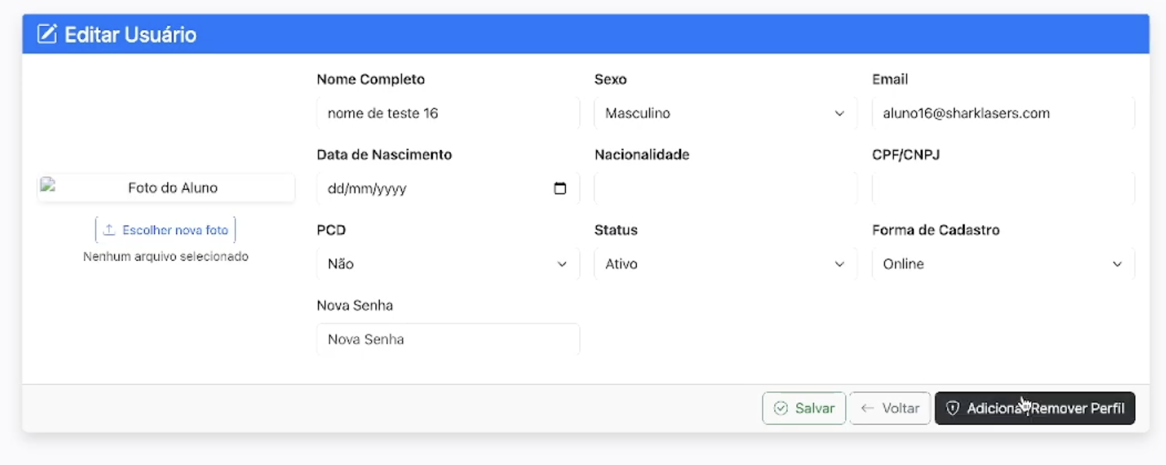 Tela de configuração de perfil