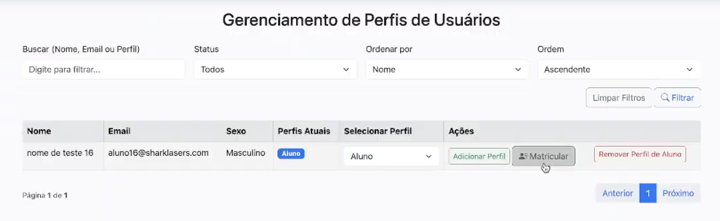 Tela de configuração de perfil com o botão de matricular destacado